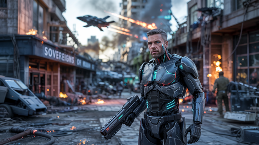 A cybernetic warrior standing in a ruined landscape