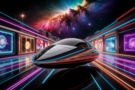 a sleek metallic spaceship glides through a virtual bookstore