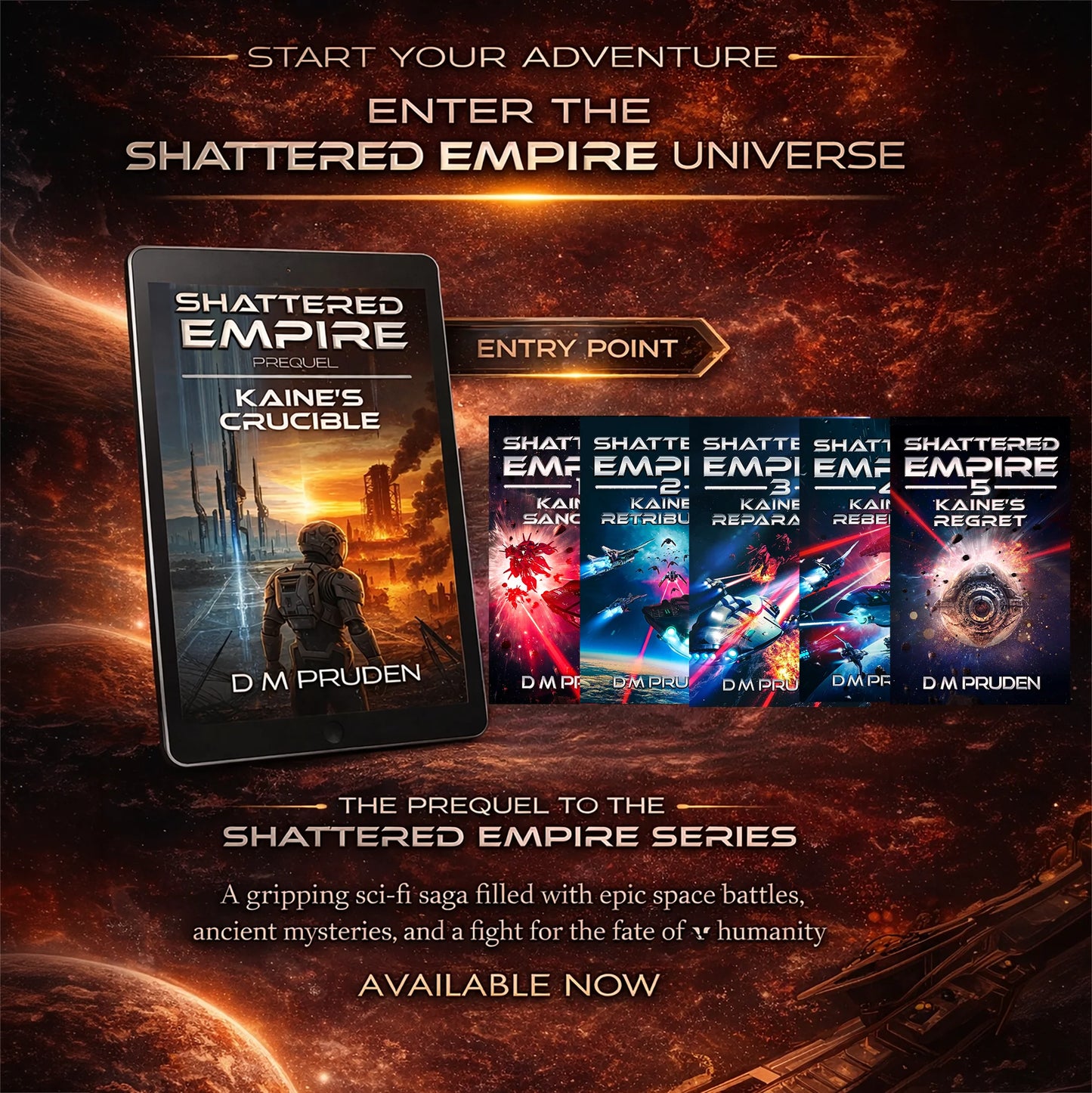 Promotional graphic for 'Shattered Empire' series with book cover and text on a dark space-themed background.