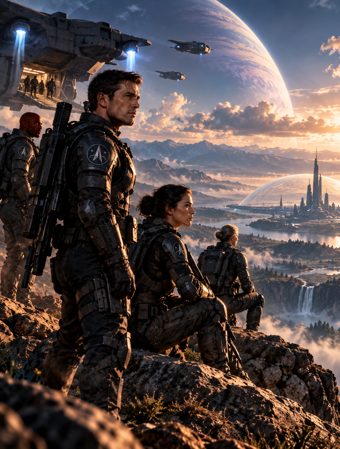 A cinematic sci-fi scene showing several soldiers in dark armor standing and sitting on a rocky cliffside, with spacecraft overhead, a large planet in the sky, and a futuristic city in the distance.
