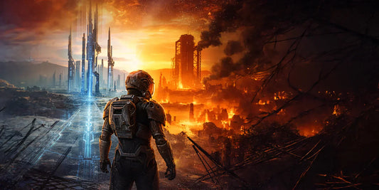 Futuristic soldier overlooking a divided sci-fi city—one side pristine and blue, the other burning and destroyed—representing the world of Kaine’s Crucible, a Shattered Empire prequel.