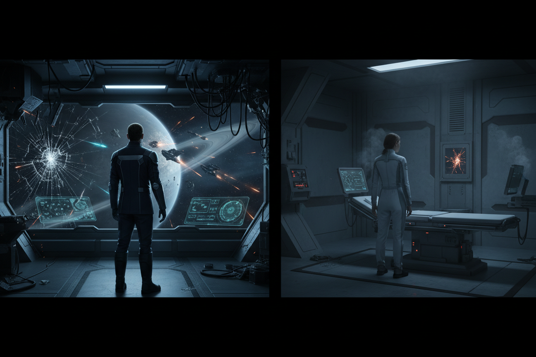 A cinematic science fiction scene showing a starship commander facing an orbital crisis on one side, and a field medic working in a failing medical bay on the other, united by a tense, consequence-driven mood.