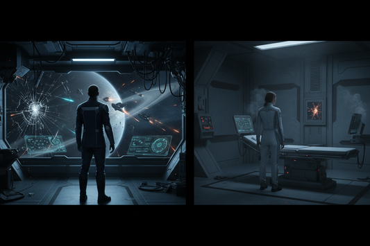 A cinematic science fiction scene showing a starship commander facing an orbital crisis on one side, and a field medic working in a failing medical bay on the other, united by a tense, consequence-driven mood.