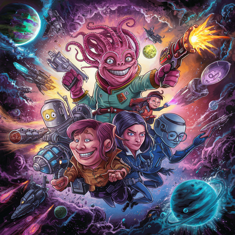 whimsical composite image featuring space aliens and sci-fi themes