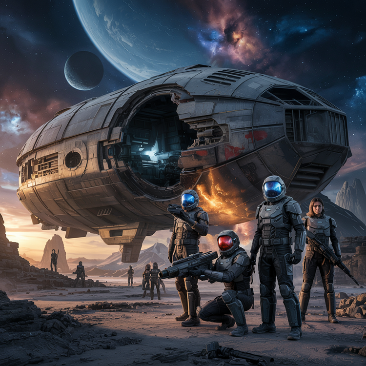 military sci-fi image featuring armoured soldiers on a desert planet