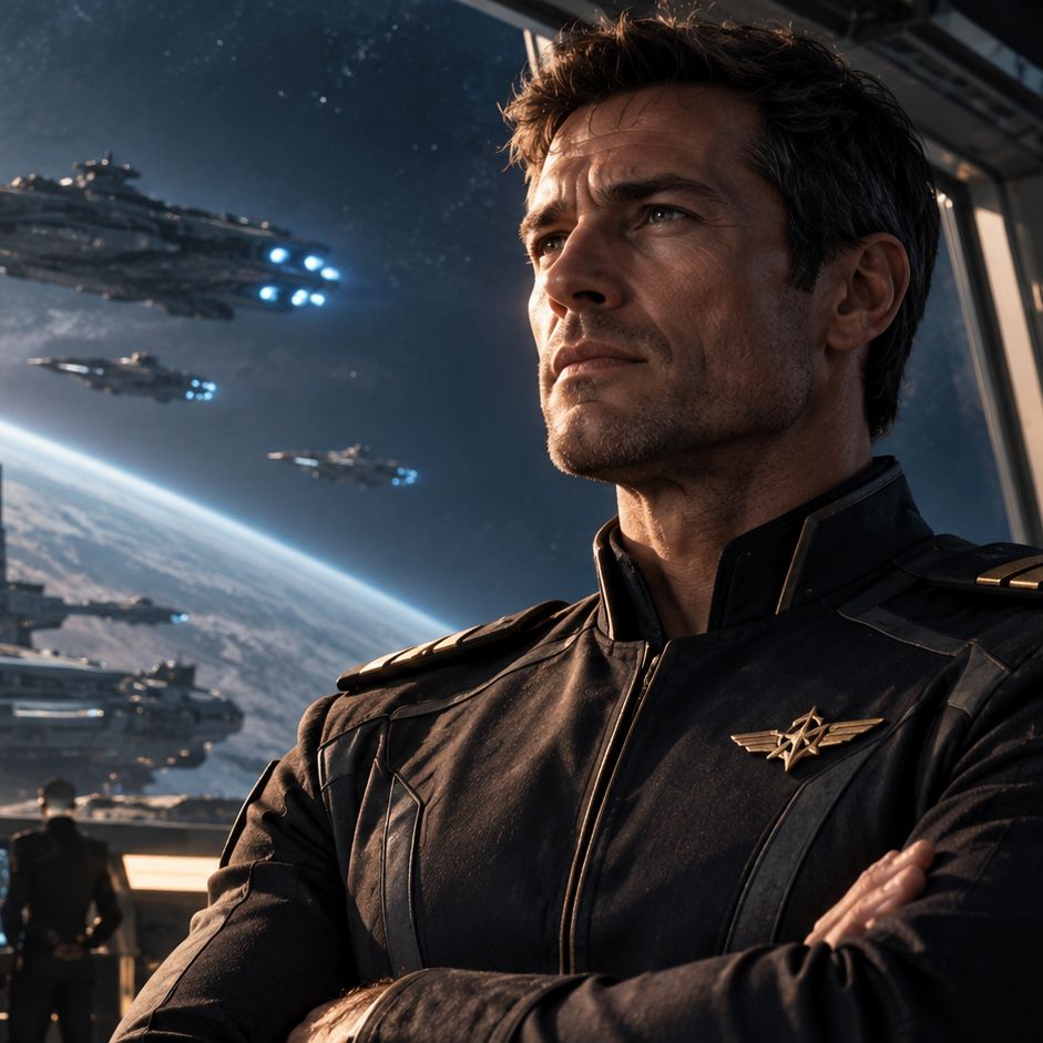 A man in a dark military uniform with a winged insignia stands with arms crossed, looking out a large window at a space scene with spacecraft and a planet. Other uniformed figures are visible in the background.