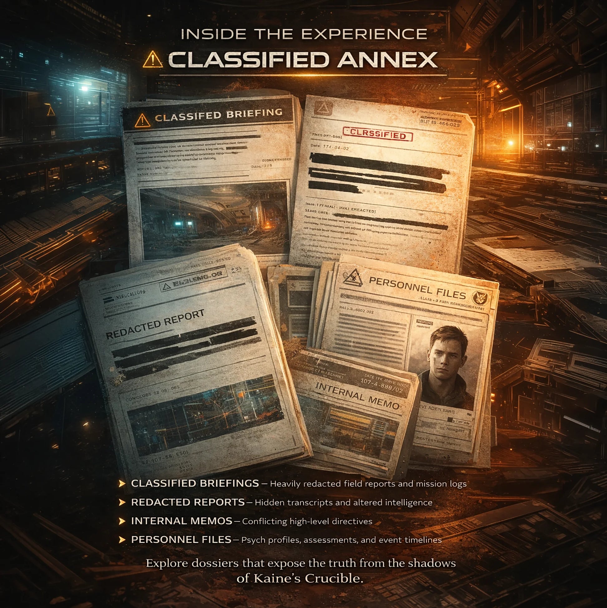 montage of classified documents related to Kaine's Crucible novella