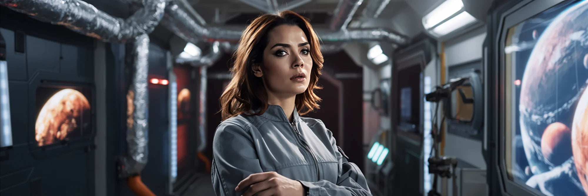 Woman in a futuristic space station setting with screens displaying planets.