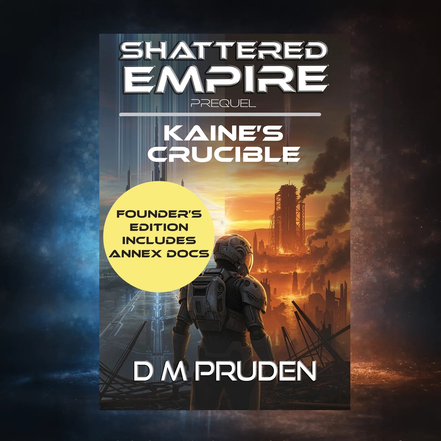 Book cover of 'Shattered Empire: Kaine's Crucible' by D.M. Pruden with a futuristic cityscape and astronaut.