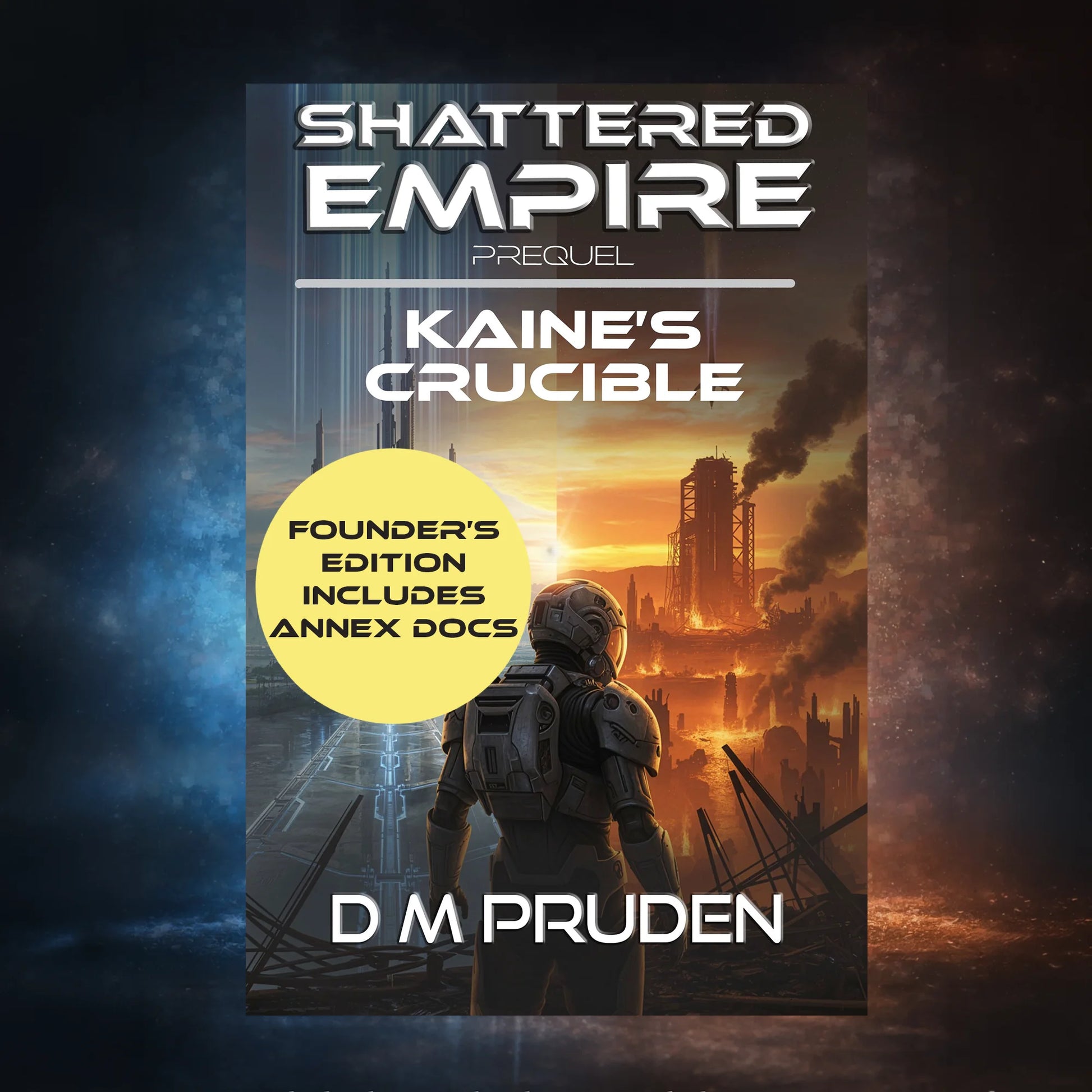 Book cover of 'Shattered Empire: Kaine's Crucible' by D.M. Pruden with a futuristic cityscape and astronaut.
