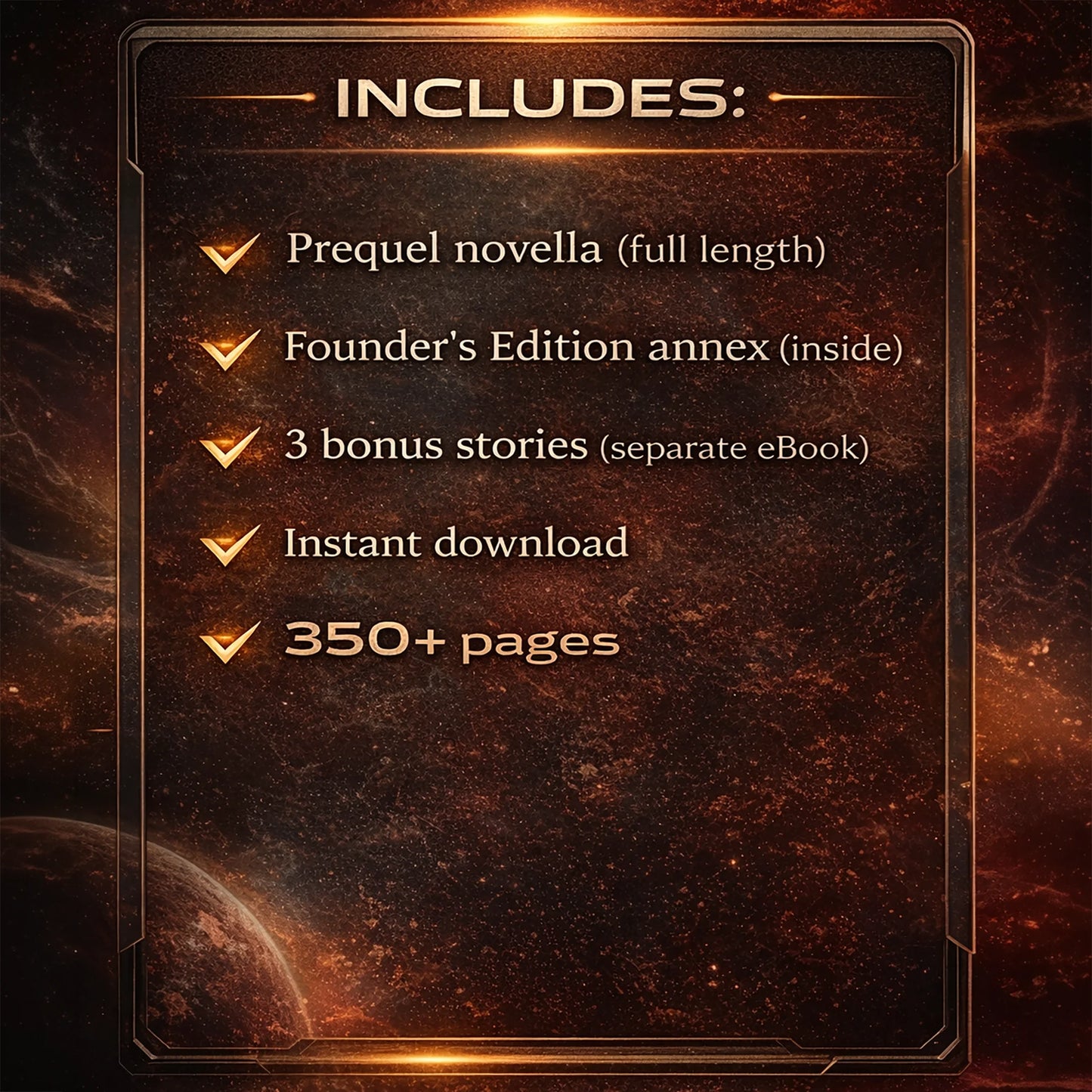 List of included items on a dark, space-themed background with glowing text.