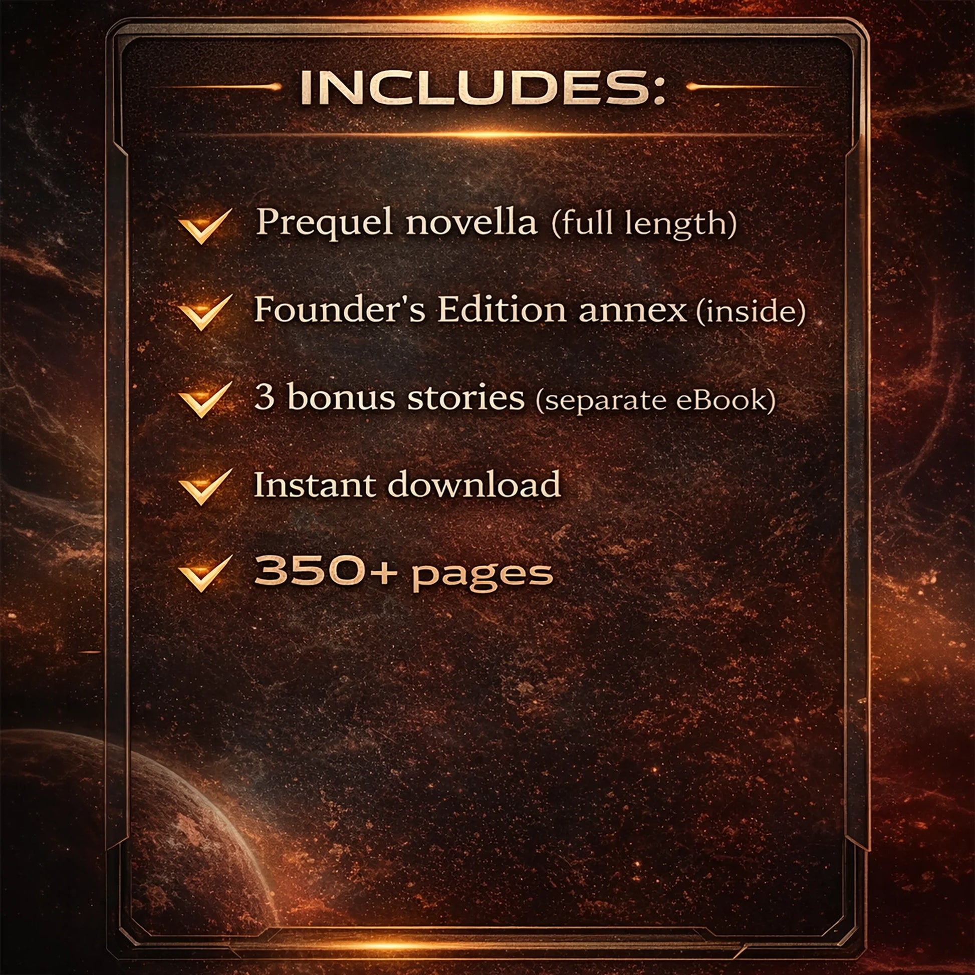 List of included items on a dark, space-themed background with glowing text.