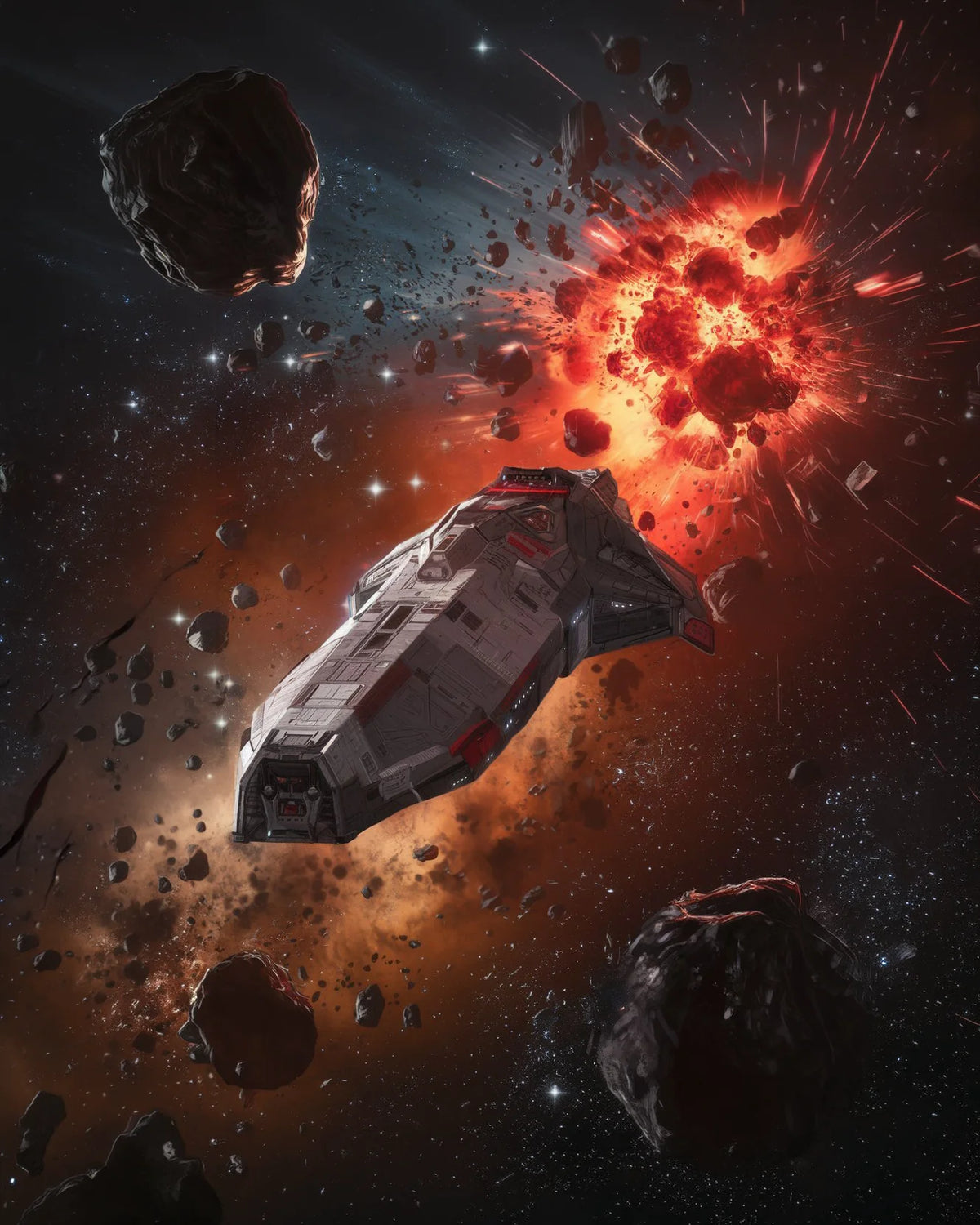 A sci-fi spacecraft flies through a field of asteroids with a bright orange-red explosion in the background of outer space.