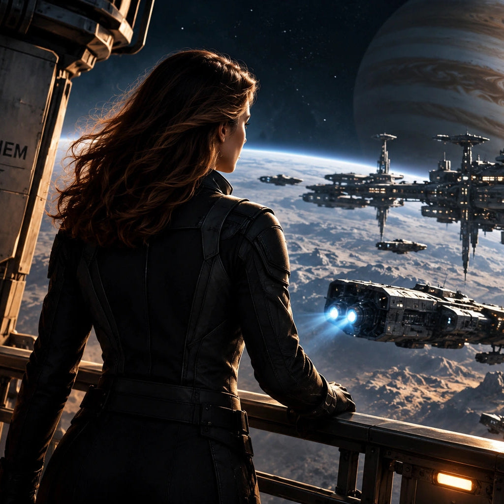 Melanie Destin stands aboard a futuristic spacecraft overlooking Armstrong Station, with a blue planet, orbiting spacecraft, and a massive space station visible beyond the observation deck.
