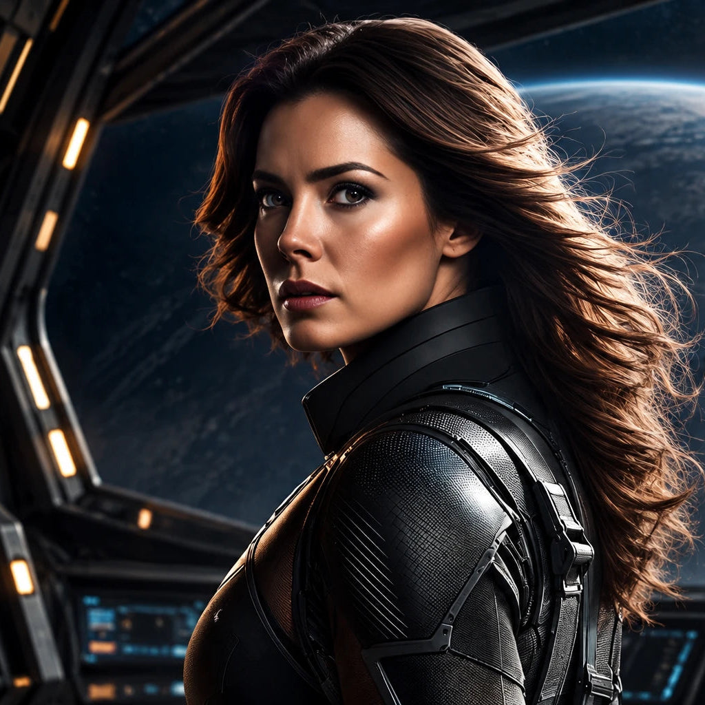 Melanie Destin in a futuristic spacecraft, wearing a black tactical suit, with a space station and a blue planet visible through the window behind her.