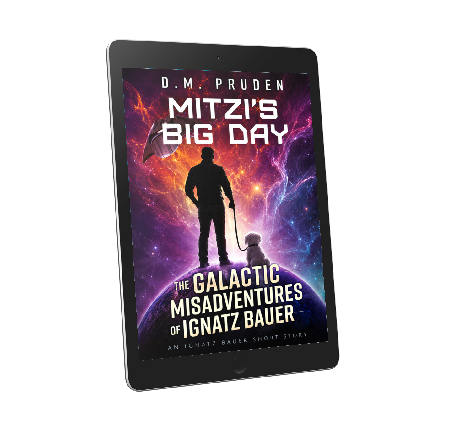 A black tablet device shown at an angle on a black background, displaying a book cover titled "Mitz's Big Day" by D.M.Pruden