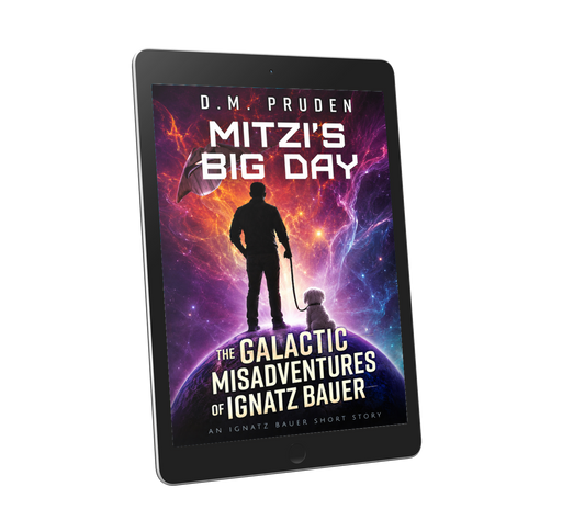 A black tablet device shown at an angle on a black background, displaying a book cover titled "Mitz's Big Day" by D.M.Pruden