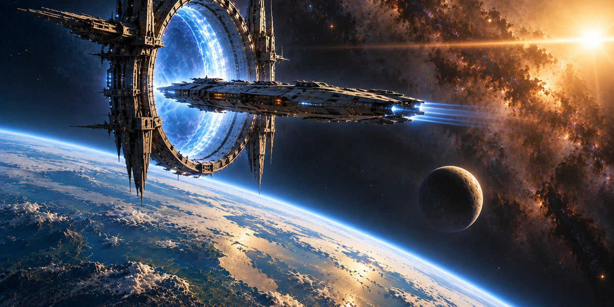 Interstellar jump gate positioned in high Earth orbit. An interstellar empire at its height.